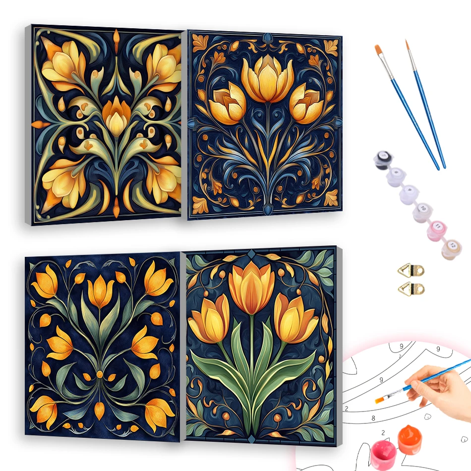 

RUOPOTY 20x20cm With Frame Painting By Numbers For Beginner Drawing Golden Flowers Canvas Acrylic Paints Handmade Easy Wall Art