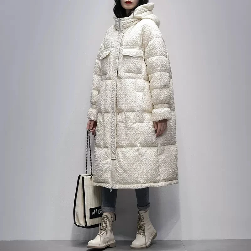 Solid Color 90% Down Coat Hooded Collar Zipper X-Long Loose All-match Korean Winter Puffer jacket women 90% white duck outwear