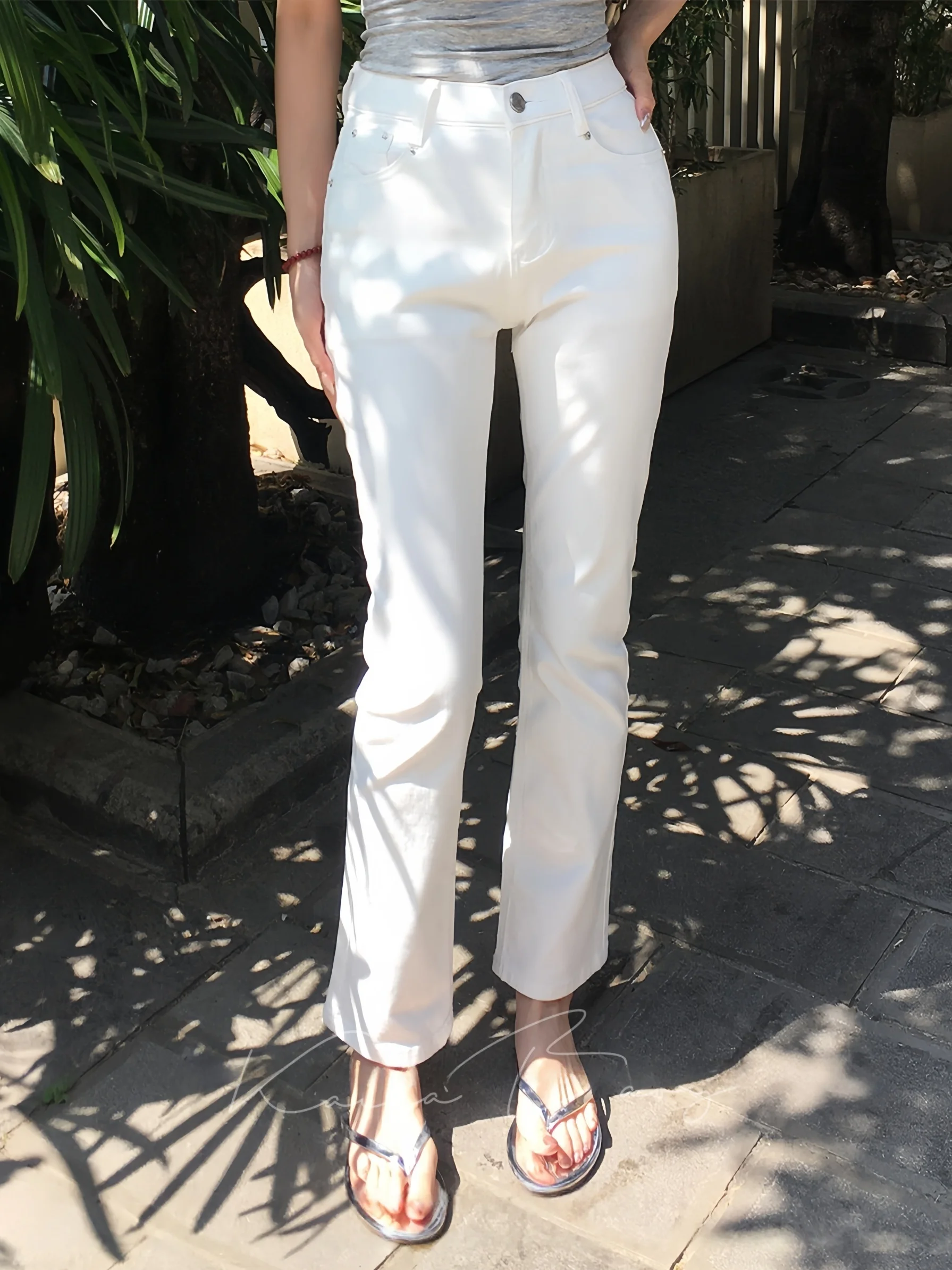 

High Waist Straight Leg High Elasticity Cotton Denim Women's Spring Summer White Nine-Piece Smoke Tube Jeans Plump Hip