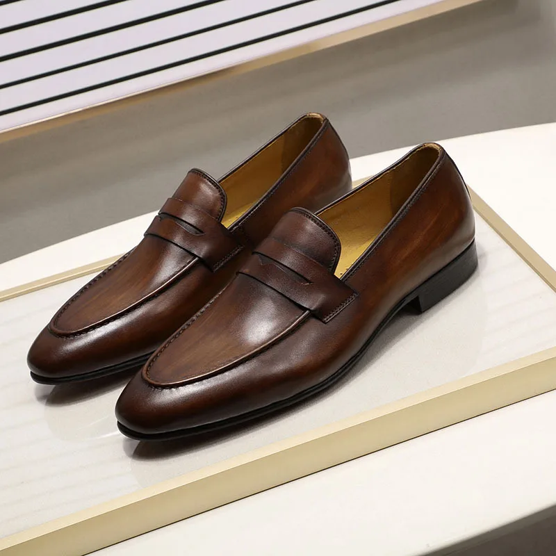 Round Head Leather Male Loafers Cover Heel Men Casual Shoes Fall Soft Sole Flats Fashion Slip on Dress Shoes