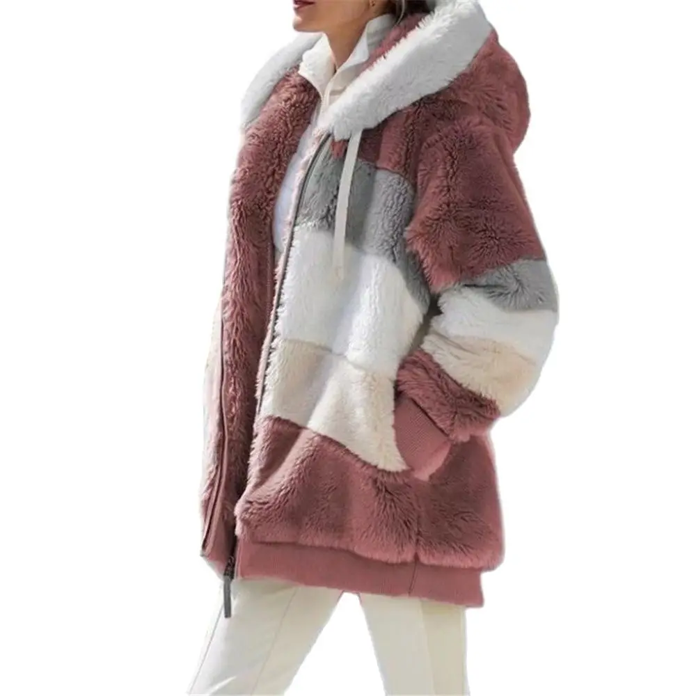 Women Hooded Jacket Coat Winter Fleece Warm Zipper Casual Patchwork Loose Faux Fur Parka Stitching Plaid Clothes Lady Outerwear