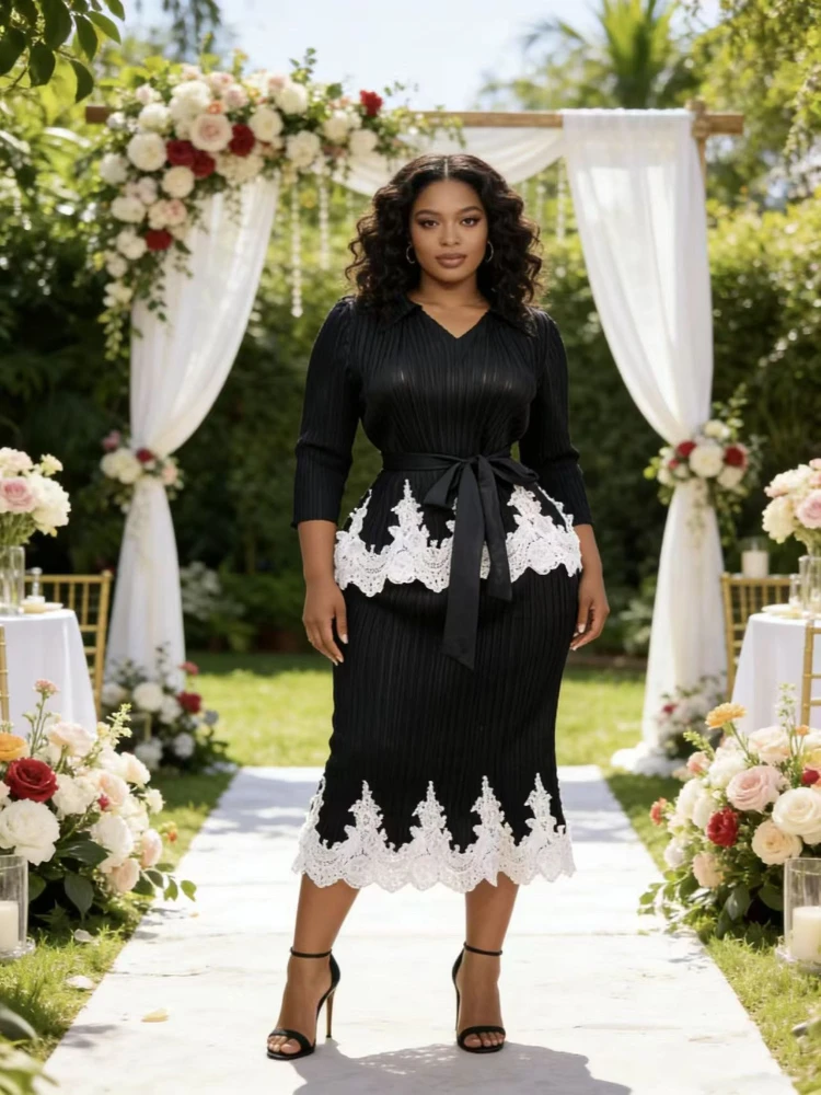 

2026 New Miyaki Lace Spliced Design Women's Pleated Two Pieces Sets With Fishtail Hem Design Pullover Female Skirt Set