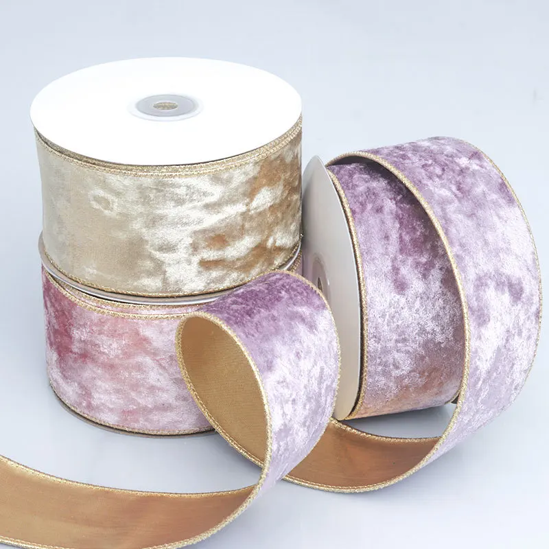 50MM Wired Edge Reversible Velvet Metallic Ribbon For Christmas Tree Decorations Bow Making New Year Gift Wrapping 10Yards Roll