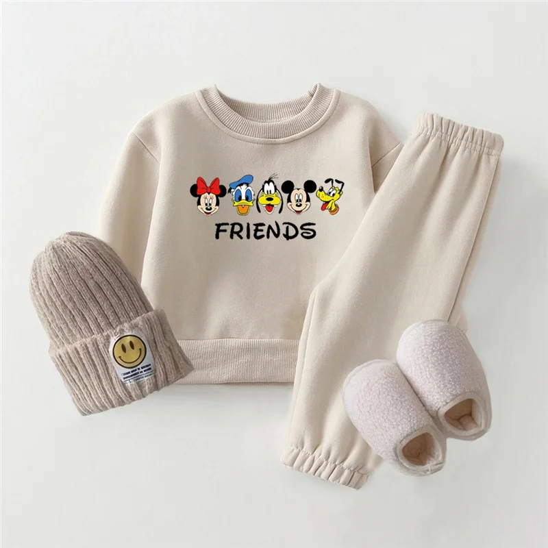 2024 Warm Fleece Mickey Mouse Clothes Set for Kids Autumn Winter Cartoon Long Sleeved Top + Pant Toddler Boy Girl Tracksuit