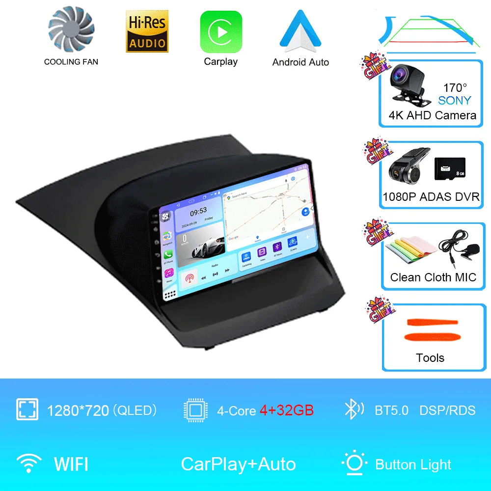 Android 16 voor Ford Fiesta Mk 6 2009 2010 2011 2012 2013 2014 - 2018 Carplay Auto Multimedia autoradio speler WiFi+4G DSP GPS 2DIN