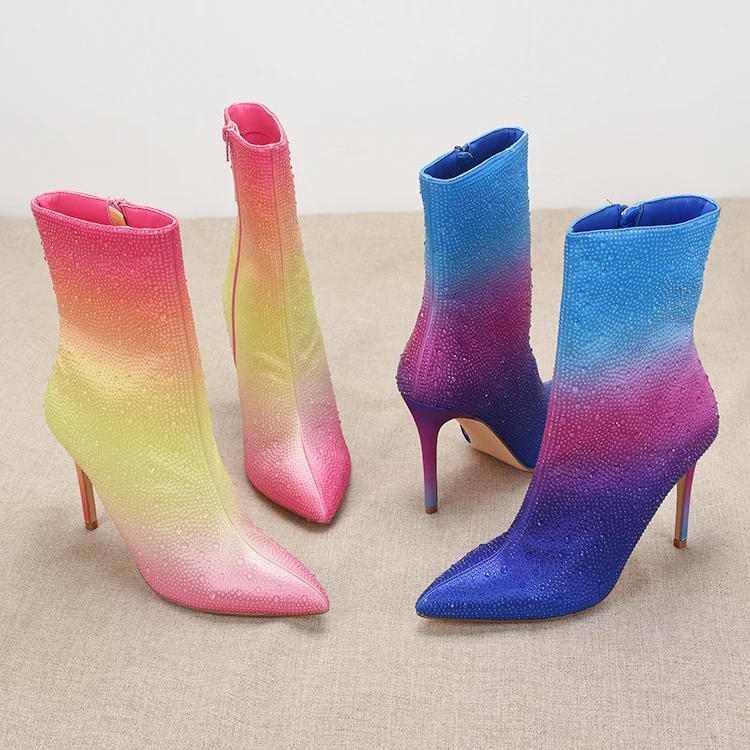 Large Size Extra Focus Handmade Drill Blue Gradient Slim High Heel Sexy Nightclub Pointed Toe Short Boots Women Fashion Boots