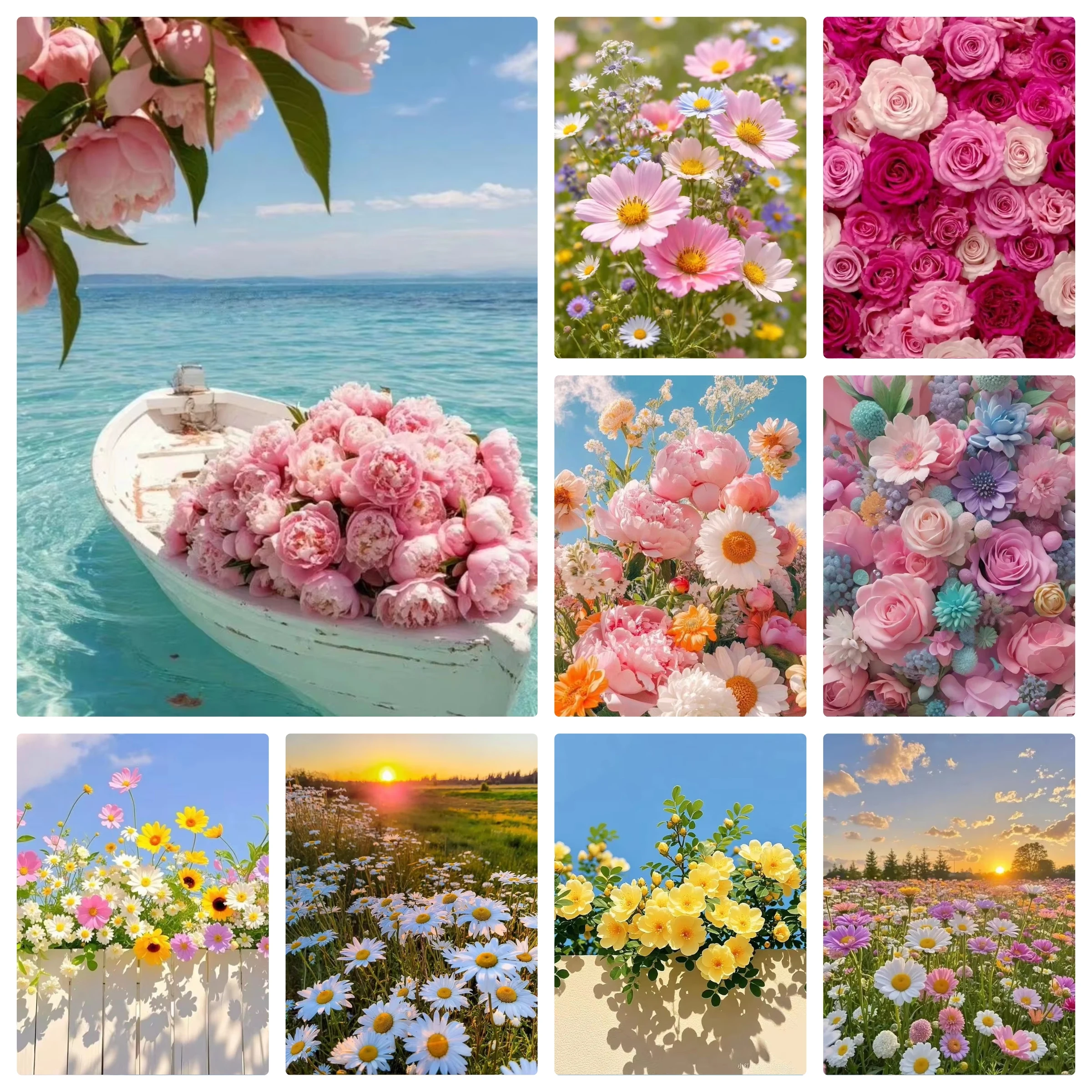 5D DIY Bright Pastel Floral Diamond Painting, Multi Tone Wild Daisy Peony Rose Sunny Meadow Scenery Wall Art Gift
