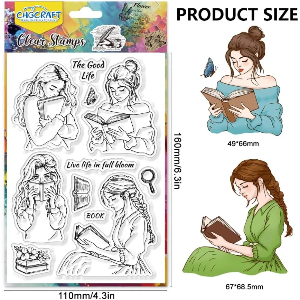 Book Woman Clear Stamps Elegant Lady Reading Transparent Handicraft Stamps for DIY Scrapbooking Photo Album Decorative 6.3x4