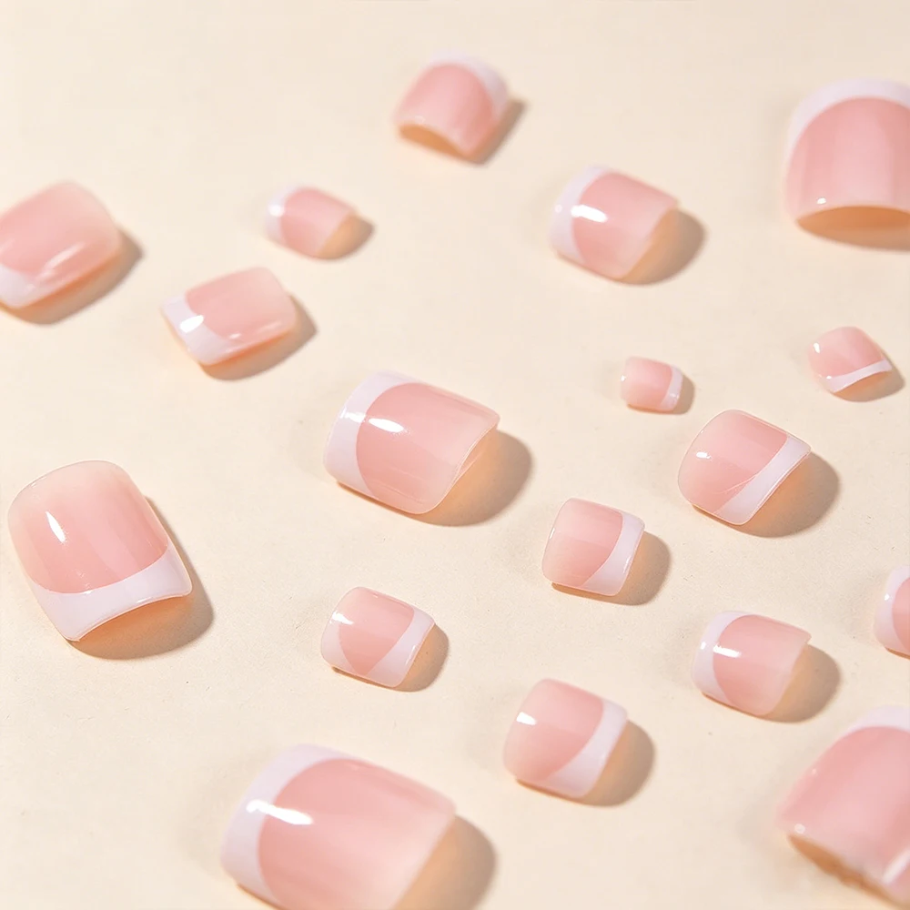 24pcs Naked Pink French  Fake Toenails Full Cover Short Square Glossy Wearable Toe Nails Removable Press-On Nail Set For Women