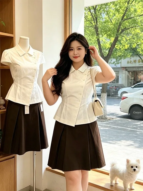 

Summer New plus Size Women's Fashion Set with Pleated Waist-Cinching Short Sleeve Top And Midi Skirt Slimming Design Sense Tw...