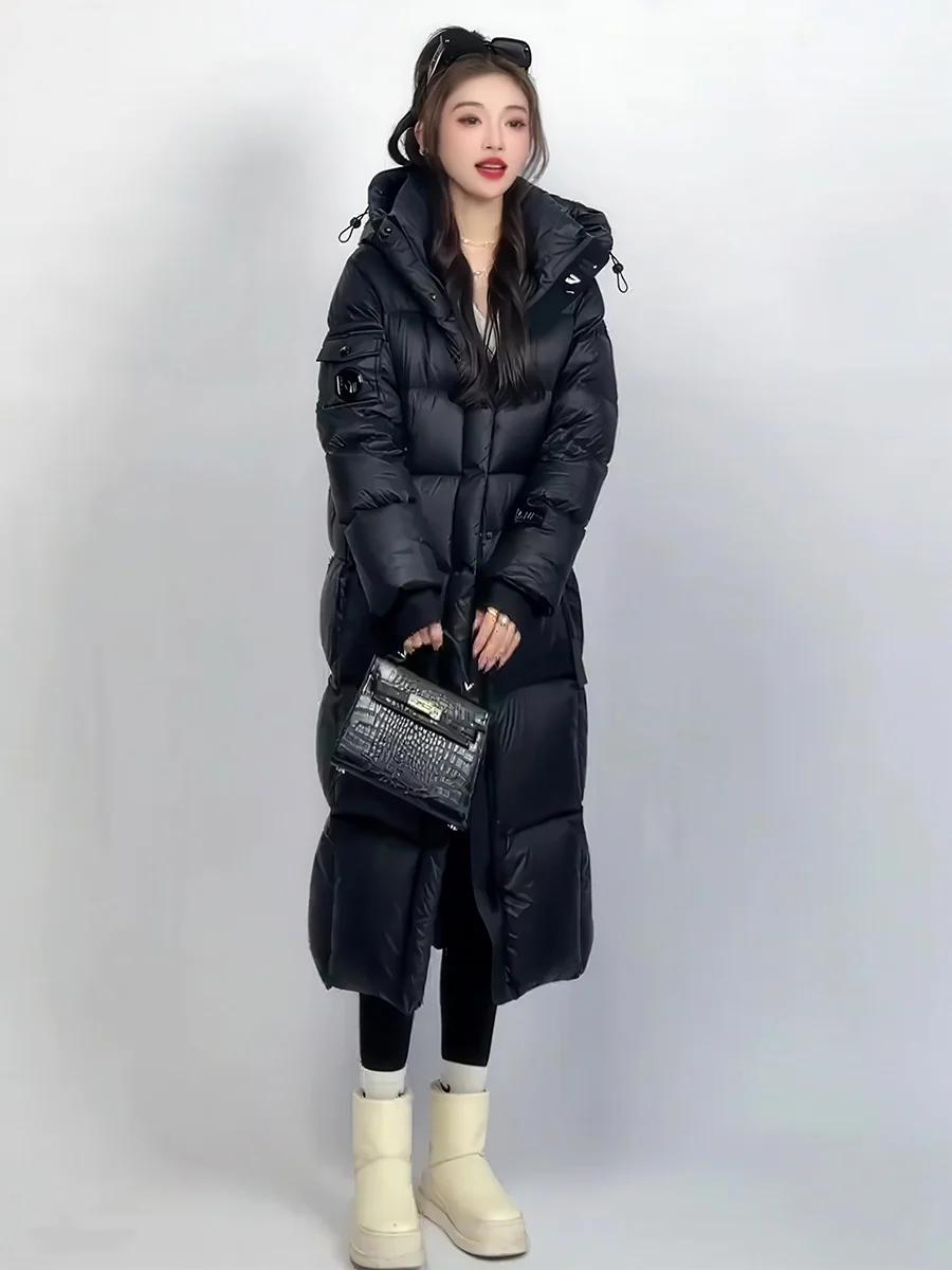 

Women's Long Hooded down Jaet Thi Warm Winter Coat over Knee Bla Du Feather Padded Casual Sle Removable Hat