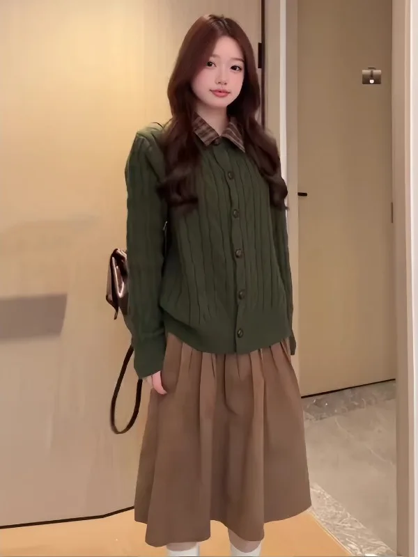 

plus Size Women's Knitted Sweater Coat 2025 Autumn Winter Collar een And Cheered Pattern Long Sve Regular Fit