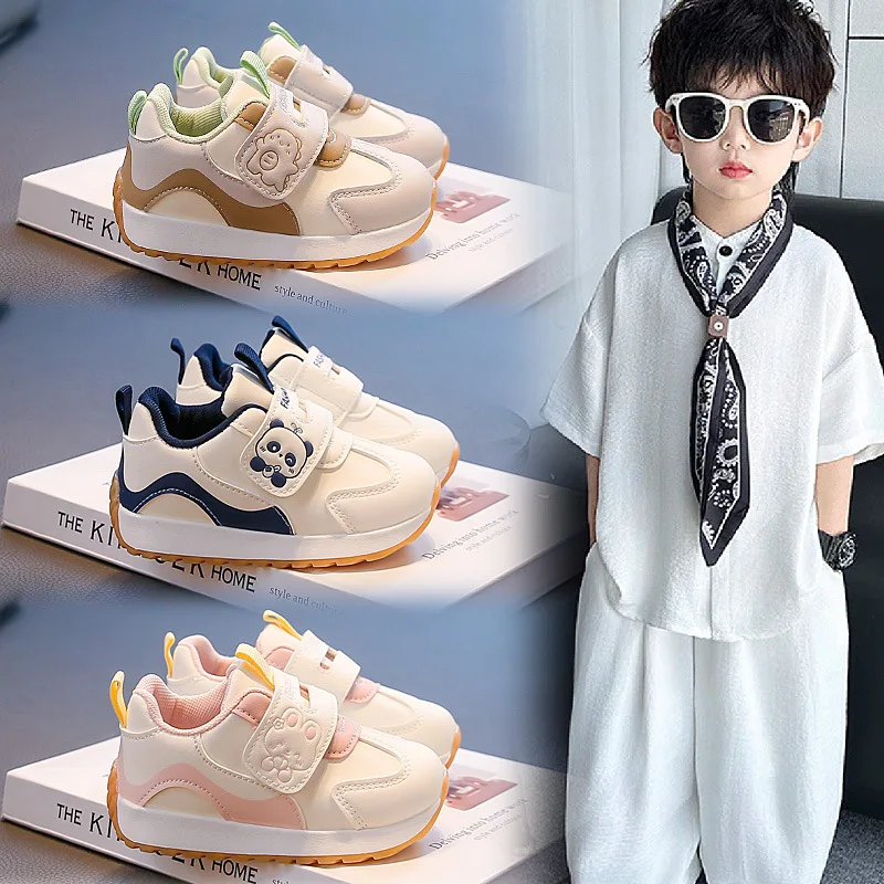Autumn Cartoon Panda Running Shoes Kids Small-Size PU Leather Walking Sneakers Boys Girls Children Non-Slip School Casual Shoes