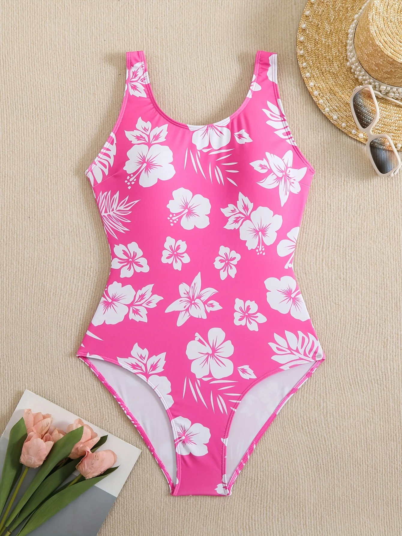 Women's Elegant Floral Print One-Piece Swimsuit  Vibrant Pink Floral Pattern - Perfect for Beach or Pool Beachwear for Women