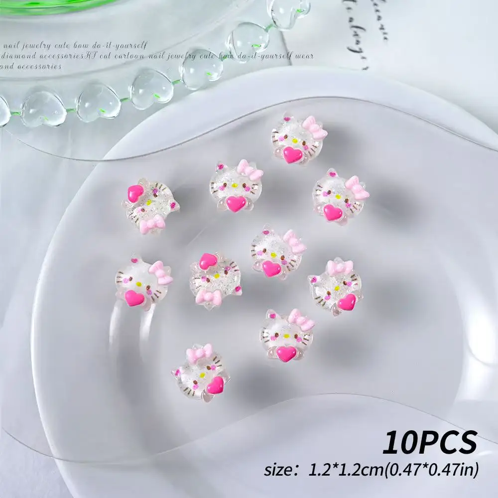 

20PCS Cute Glitter Hello Kitty Nail Charms 3D Resin Nail Decor Bow Heart DIY Manicure Accessories For Acrylic Nails