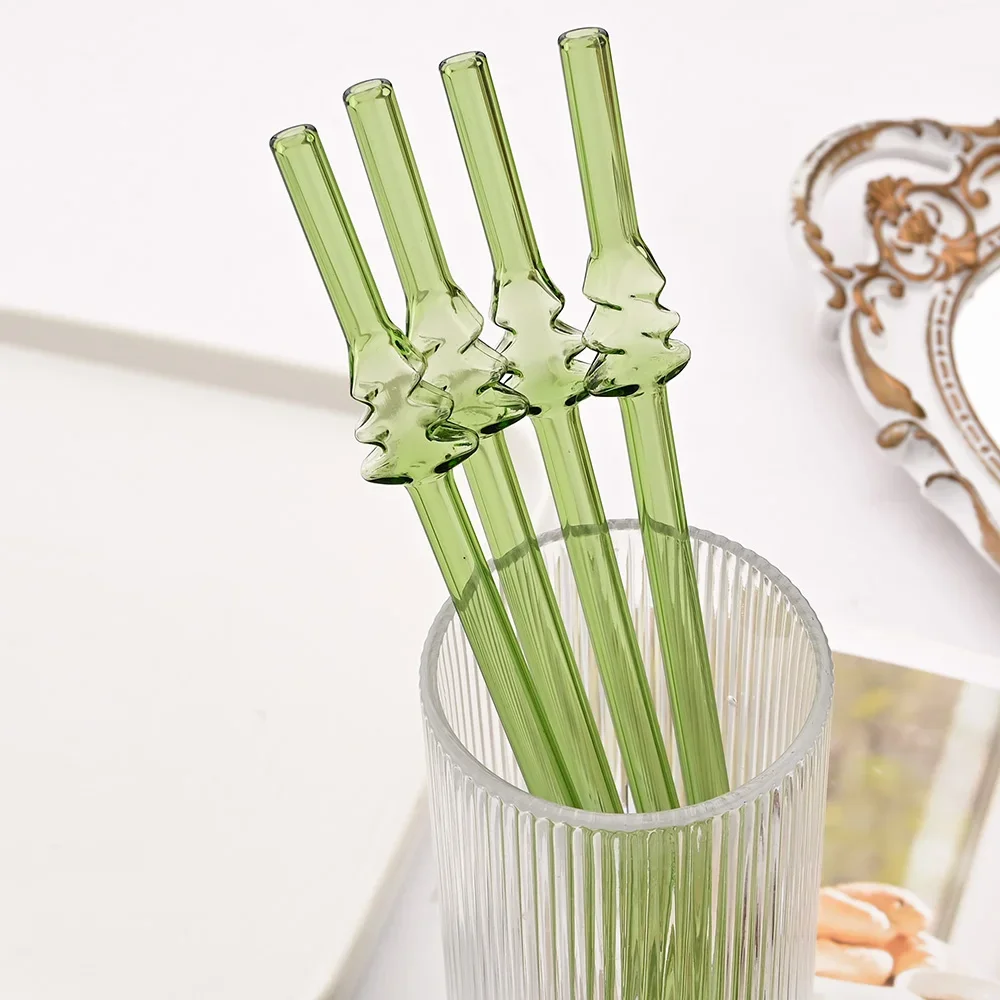 2/4Pc Christmas Tree Drinking Glass Straws High Borosilicate Straw Set with Brush Milk Shake Coffee Cocktail Straw Bar Drinkware