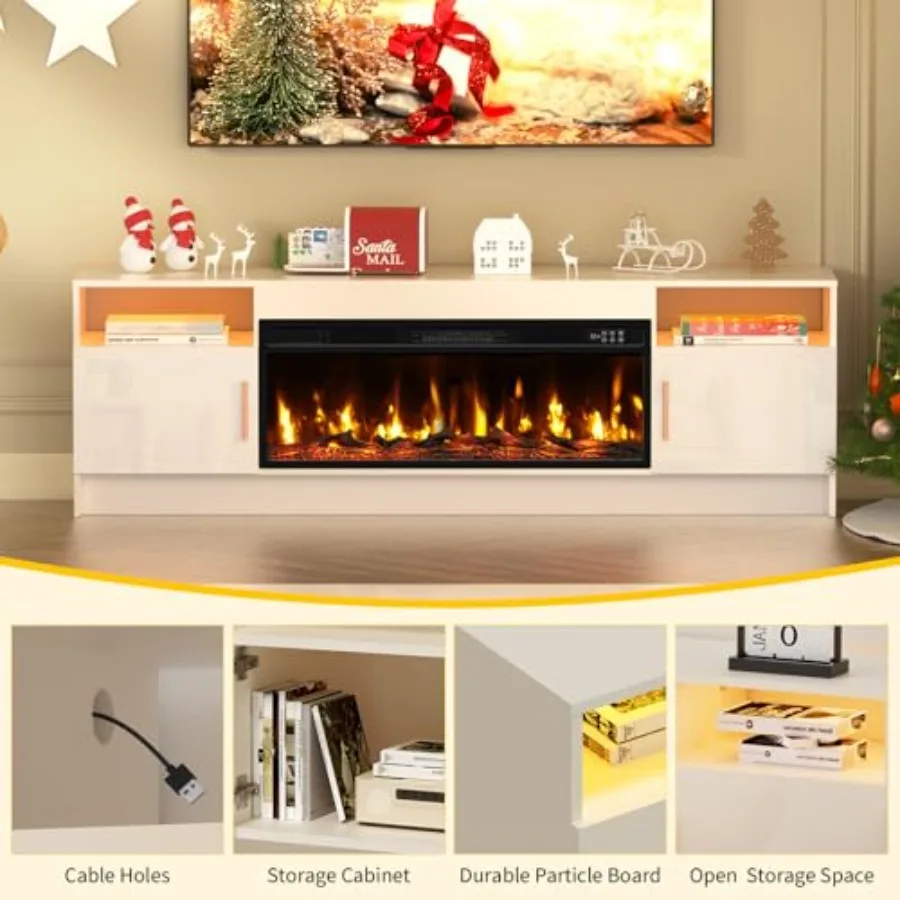 70 حامل تلفزيون مدفأة كهربائية لـ 80 تلفزيونًا مركز ترفيهي حديث مع 36 مدفأة كهربائية مدمجة وإضاءة LED عالية