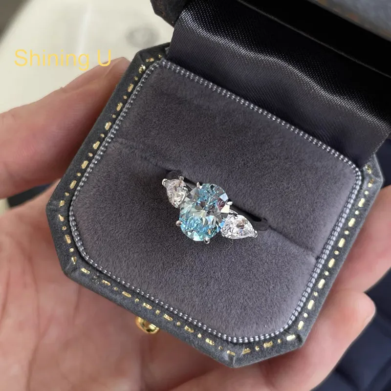 Shining U 925 Sterling Silver 2CT Oval Aquamarine High Carbon Diamond Ring for Women Fine Jewelry Summer