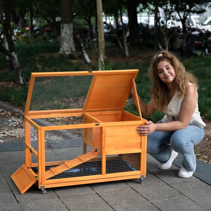 

2-Tier Rabbit Hutch on Wheels Bunny Cage with Run Doors Ramp Openable Roof Easy-to-Clean Tray Pet House for Small Animals Orang