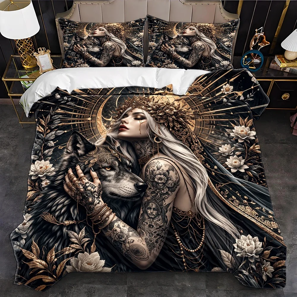 Mysterious Dark Goddess and Wolf Design Duvet Cover Set Multi Size Quilt Cover Queen Size Bedroom Bedding Decoration Machine Washable Adult Boy Girl Bedroom