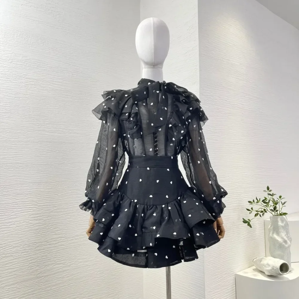 

2025 Women's Fashion Black Love Polka Dots Print Pleat Ruched Long Sleeve V Neck Blouse Tops and Skirt Sets