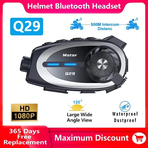 Intercomunicador para casco de motocicleta Q29, auriculares Bluetooth, cámara inalámbrica HD de 1080P, lente súper gran angular, grabadora de vídeo WiFi impermeable