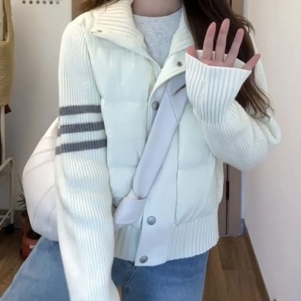 

Women's Striped Long-Sleeved Cotton Outwear Slim Fit Casual Jacket with Splicing Lapel Knitted Winter Fashion Short Coat