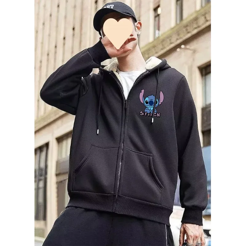 Stitch Adult Hooded Sweatshirt Cartoon Angel Women Sportswear Lambswool Thicken Warm Winter Zipper Coats Men Clothes Gift