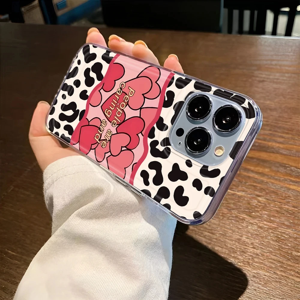 Casing HP INS Motif Leopard Love untuk iPhone 13 15 11 14 12 16 Pro Max 7 Plus 16e XR XS Max SE 2022 Bahan TPU Lembut Transparan
