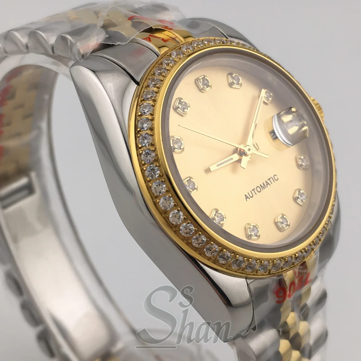 31mm Luxury Women's NH05 Automatic Mechanical Watch Two-Tone Gold Bracelet Diamond Bezel Sapphire Glass Gold Dial Diamond Indice view 2