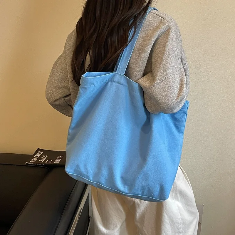 2026 New Korean Style Canvas Tote Bag Pure Color Commuter Shopping Bag Versatile Single Shoulder Bag for Women