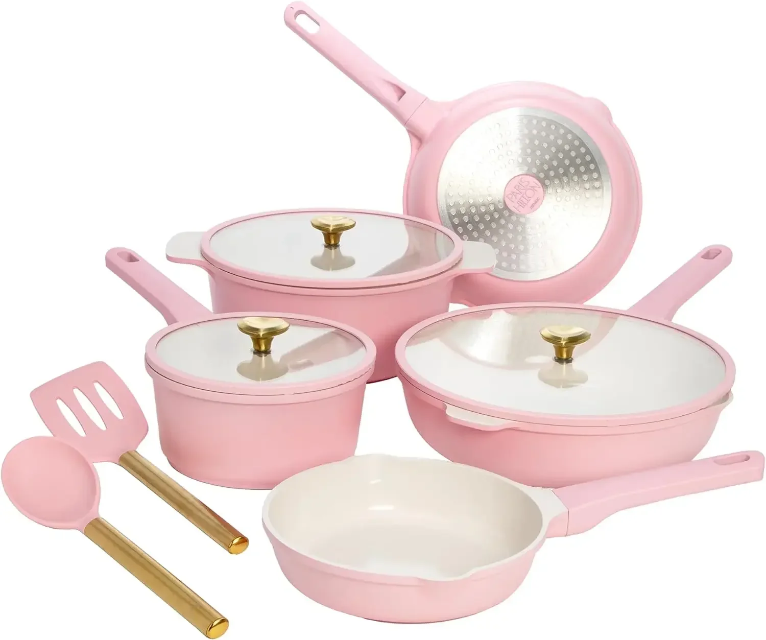 Paris Hilton Ceramic Nonstick Cookware Set, Cast Aluminum with Dual Layer Nonstick Coating, Gold Heart Knobs, Stay-Cool Handles,