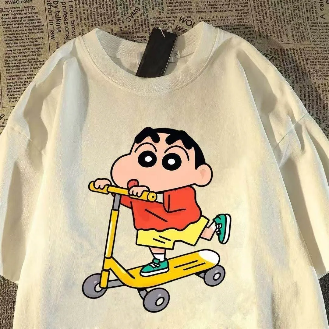 Crayon Shin Chan Scooter Print Casual T Shirt Cute Anime Short Sleeve Tee for Men Women