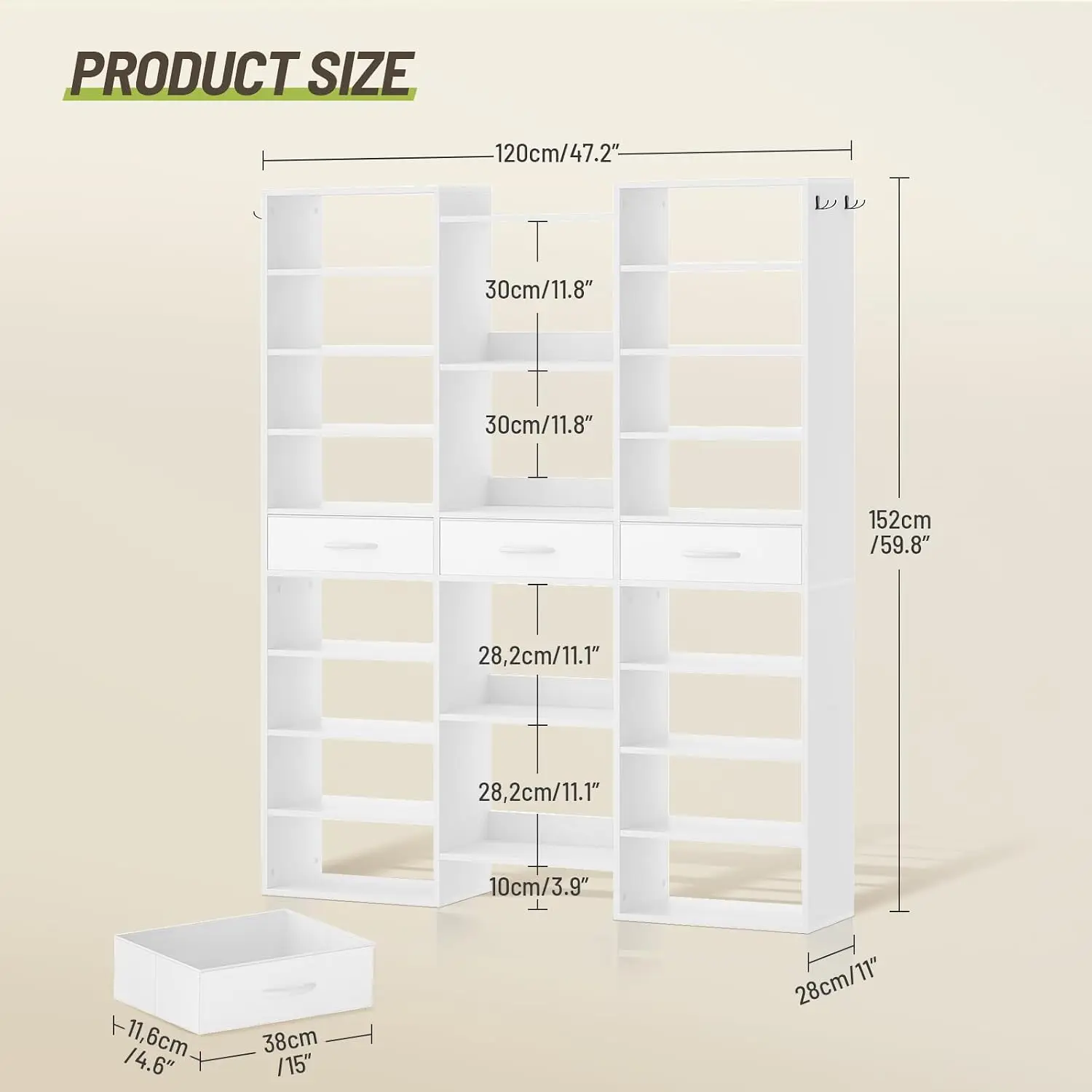 Tall 9-Tier Shoe Rack Fabric Drawers Holds 44 Pairs 21 Cubbies Wooden Organizer Entryway Closet Hallway, Customized