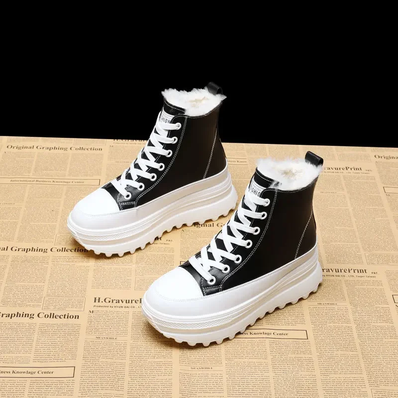 7cm Women Winter Shoes Genuine Leather Wome Casual Shoes Chunky Sneakers Platform Wedge Heel Women Vulcanized Shoes Women