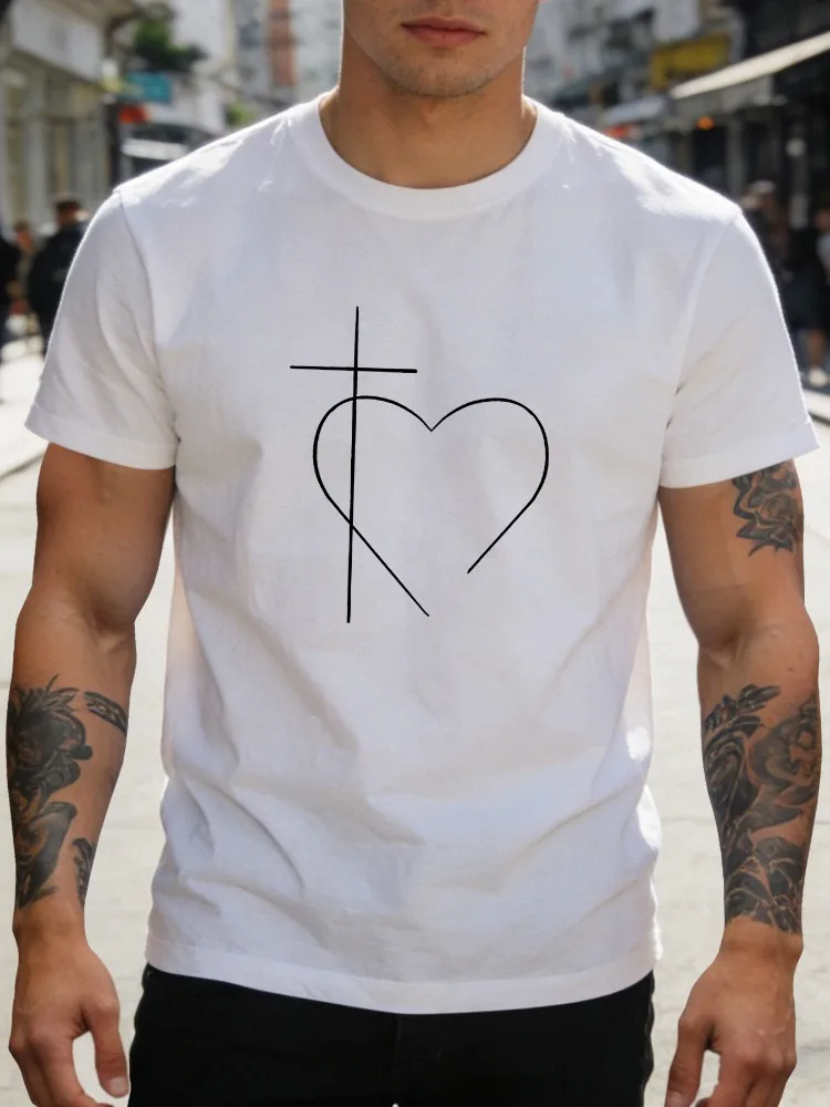 Black Mens Cotton Tee Minimal Cross Heart Print Crew Neck Short Sleeve Faith Street Light Male Summer Daily Casual Basic Tops