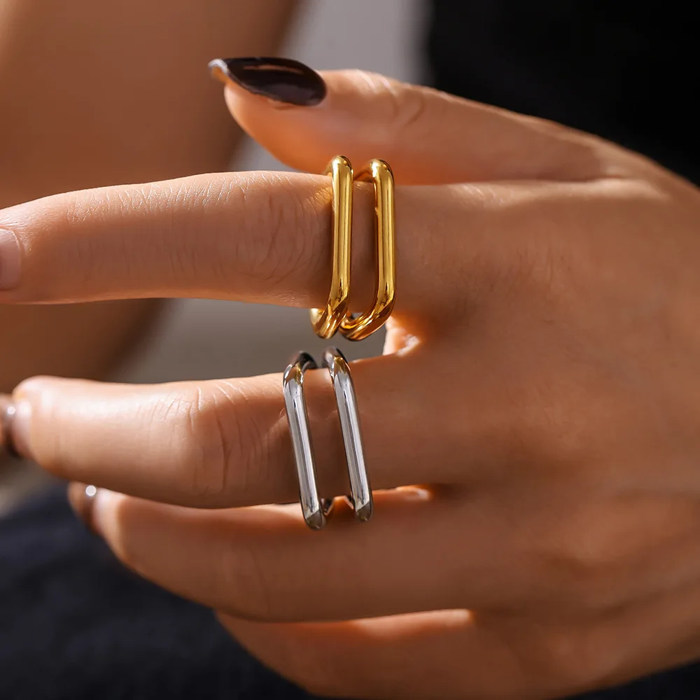 Ins Style Simple Double-Layer Cut Out U-Shaped Open Ring Niche Creative Titanium Steel Plated 18K Gold European and American Cross-Border Ring