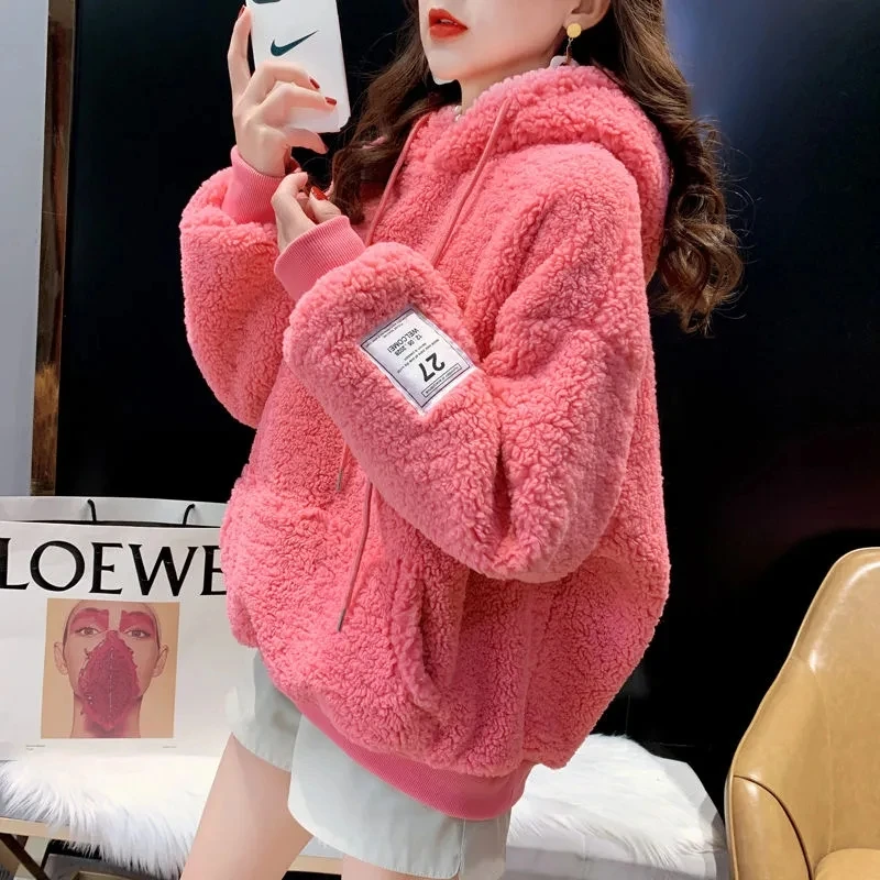 2023 Winter imitation lamb wool hoodie women's jacket pullover women's fleece thickened hoodie