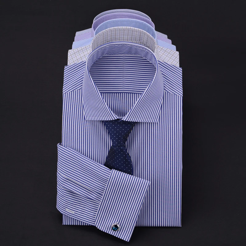 Camisa con puños franceses para hombre, camisa de 100% algodón a rayas, ajustada, para gerente de negocios, cuello recto, de manga larga, británica