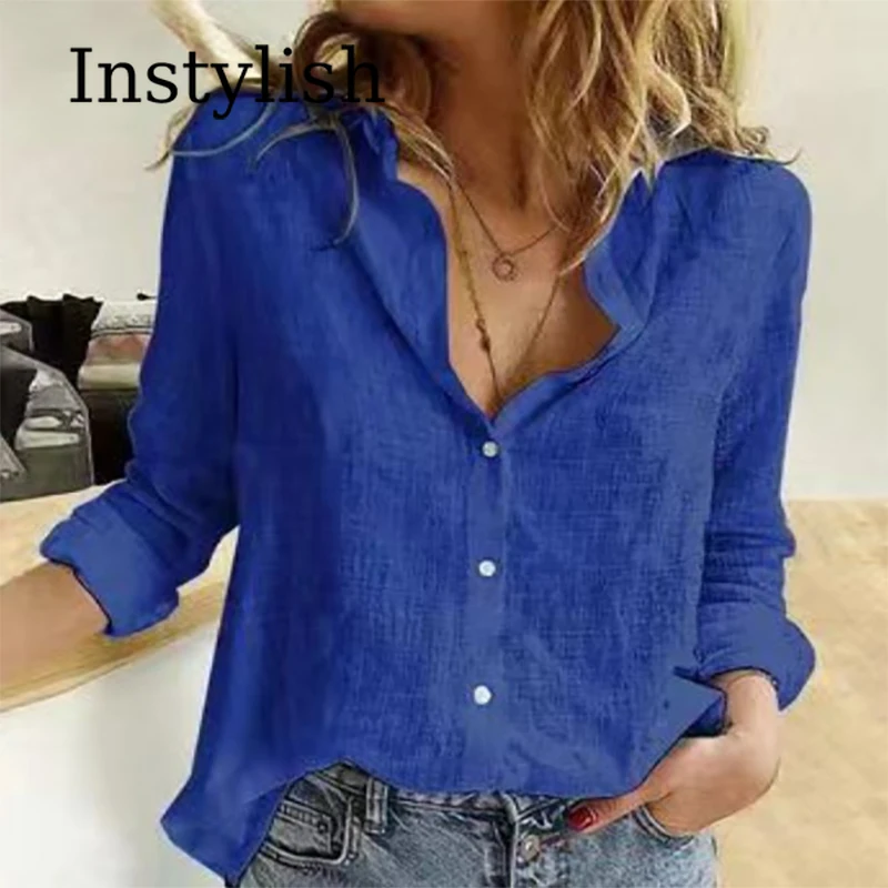 Elegant Cotton Linen Shirts Women Casual Solid Button Lapel Blouses Shirts Autumn Winter Long Sleeve Loose Tops Tunic Blusas - Image 3
