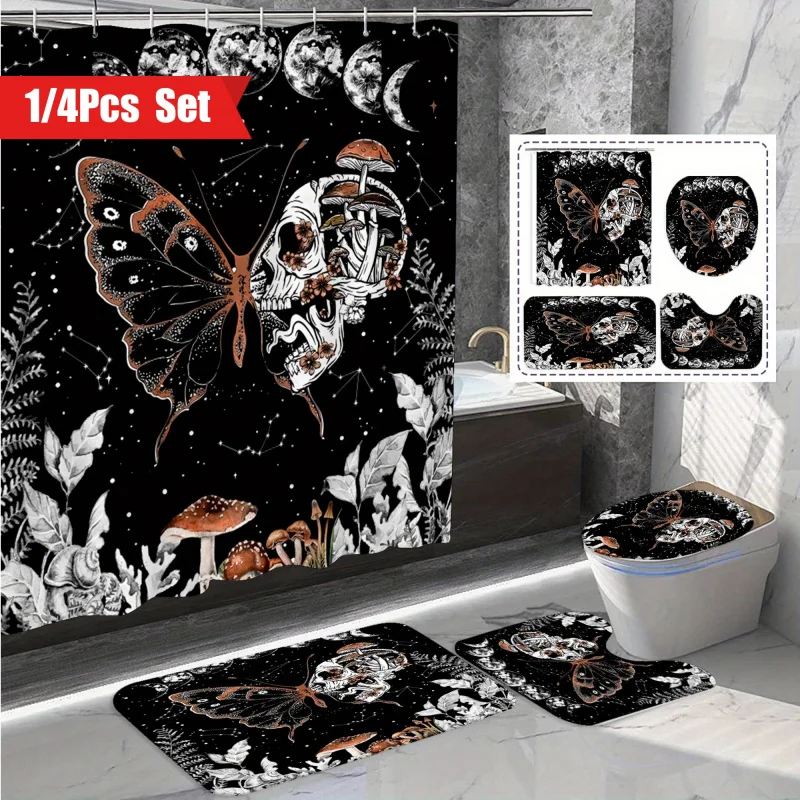 1/4PCs Halloween gothic skull shower curtain set, butterfly mushroom pattern, non slip bath mat, toilet cover mat and U-shaped r