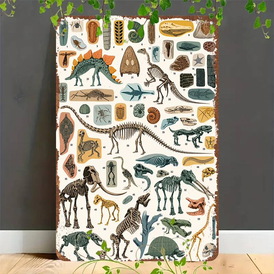 2D flat retro metal tin plate, Vintage Dinosaur Fossil Anatomy Chart Tin Sign, Suitable for home, garage, café, bar and garden decoration