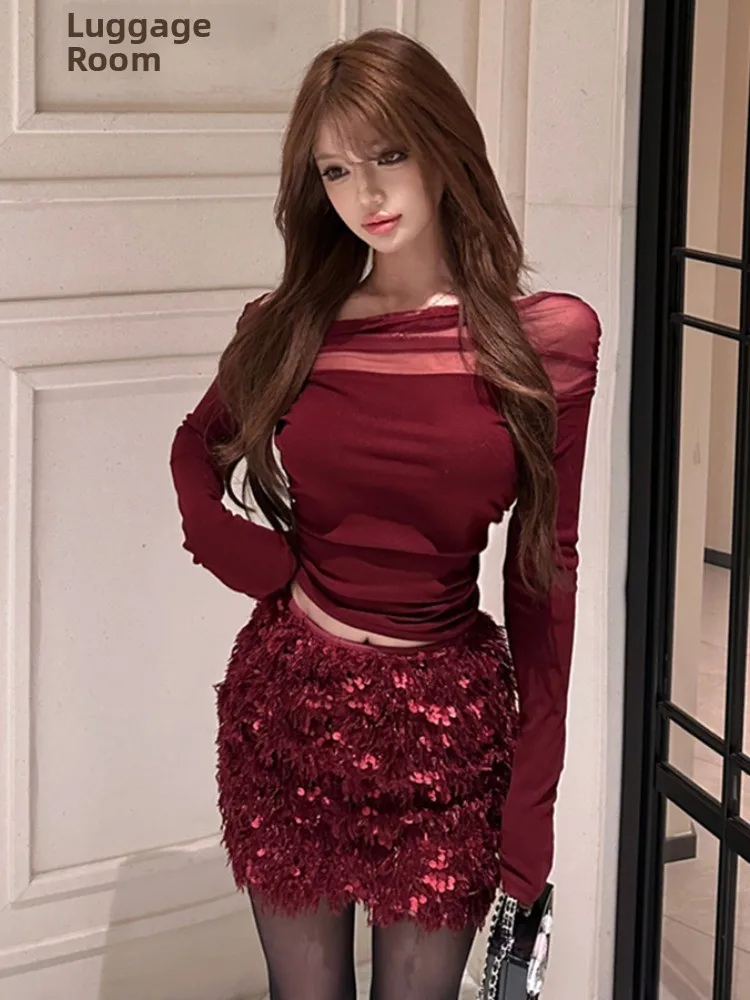 

Sexy Spicy Girl Style One Shoulder Long Sleeve Top And Short Skirt Two Piece Set Women's Autumn Winter New Style Date Suit