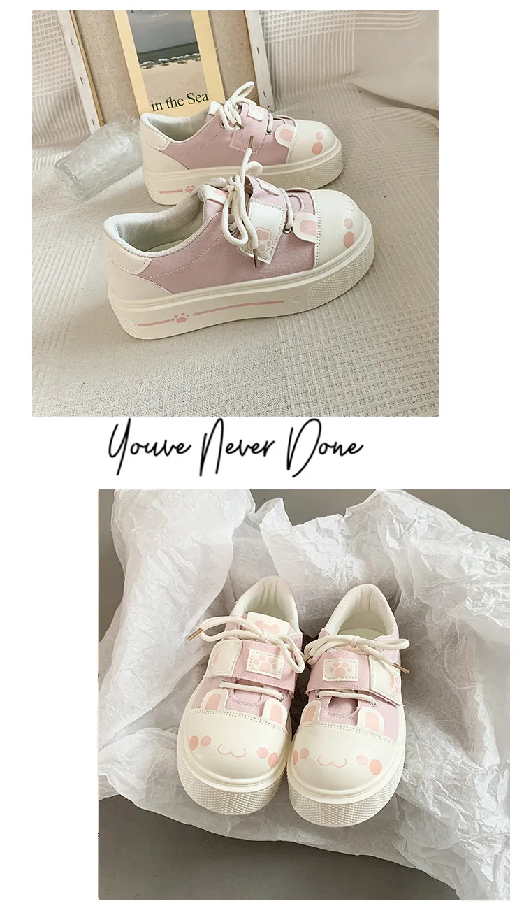 Kuschelige Katzenpfoten-Canvas-Schuhe, Schnür-Sneaker mit Kätzchen-Patchwork für Damen, Plateau-Schuhe aus Kunstleder, Lolita-Chunky-Trainer – Detail 23