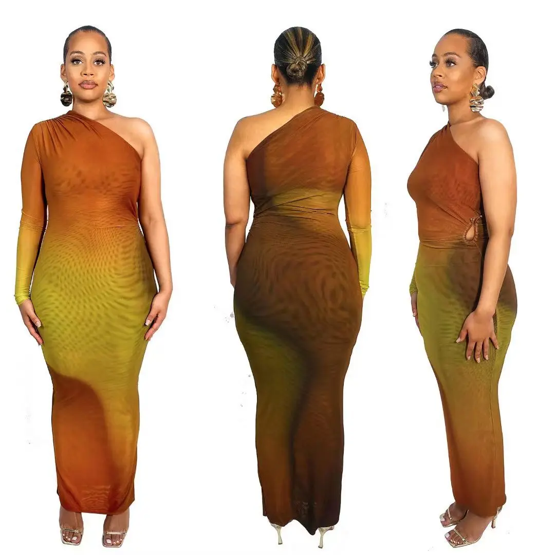 

Summer Gradient Mesh Women Party Dress for Holidays Sexy One Shoulder Full Sleeves Stretchy Bodycon Dresses