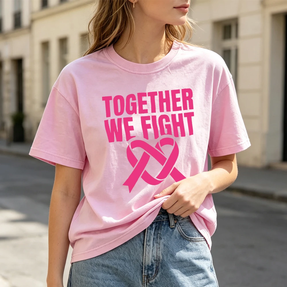 TOGETHER WE FIGHT Heart‑Shaped Pink Ribbon Graphic Tee Women Autumn Loose Short Sleeve Breast Cancer Support Casual Shirts