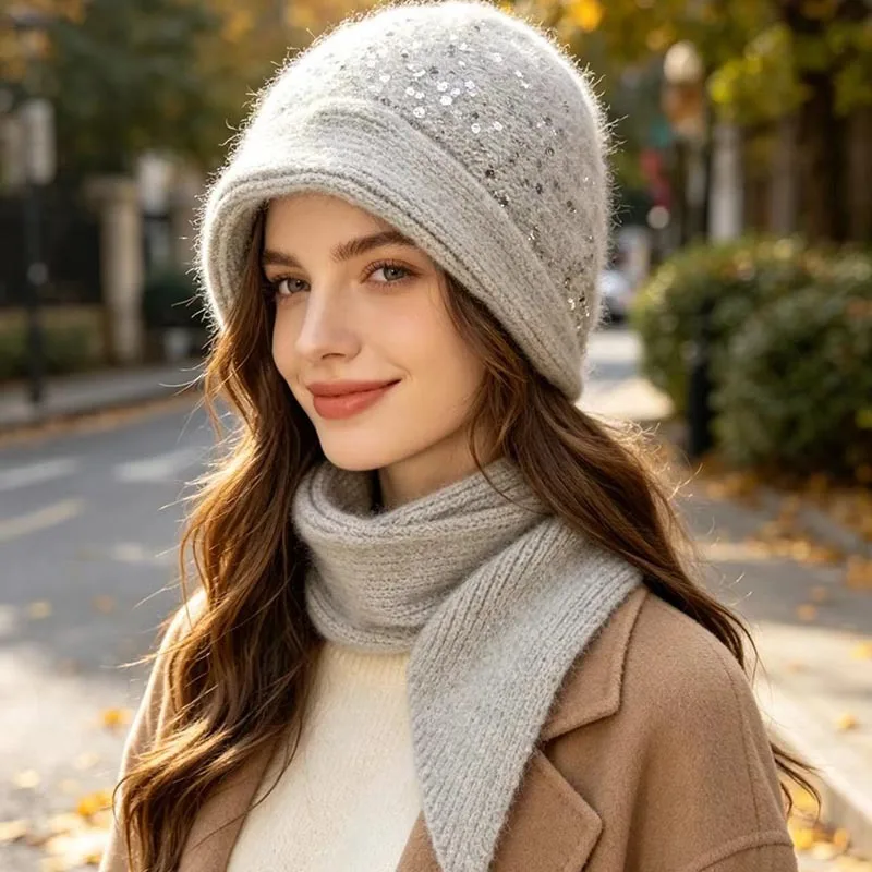 Women Sequin Knitted Beanie Cap Scarf Integrated Euro style Winter Earflap Drawstring Hooded Cap Coldproof Pullover Bomber Hat
