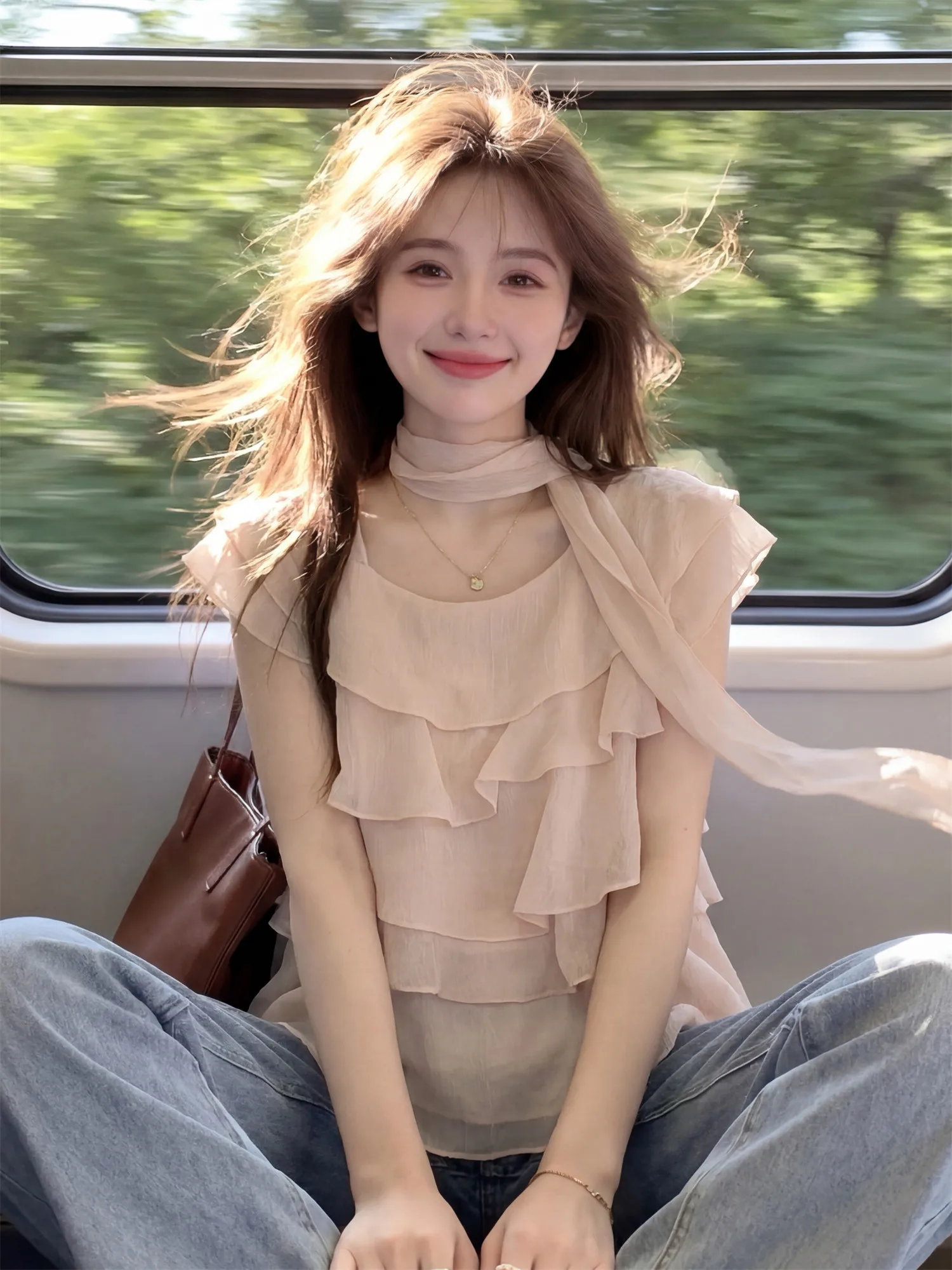 

Korean Style Women's Summer 2026 Square Collar Chiffon Shirt Flounce Sleeve Hang Neck Top Commute Style Straight Cut Short Sl...