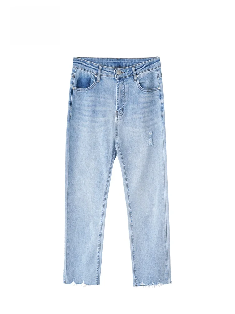 

Джинсы GOFAR с высокой талией, прямые, женские, облегающие, повседневные, с перфорацией, светло-голубые, из денима, укороченные (7/8)