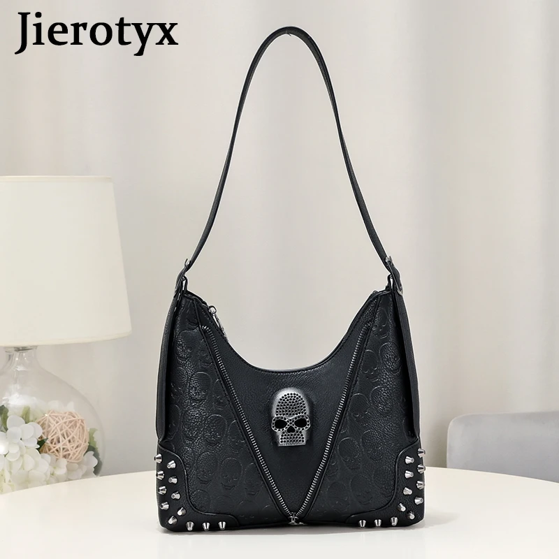 

JIEROTYX Solid Color Baguette Bag for Women Goth Fashion Skull All-Match Shoulder Bag Simple Armpit Bag For Women Y2K Punk Style